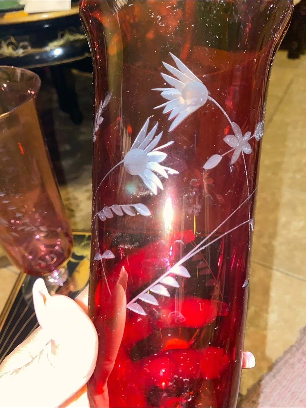 Vintage Hand-Etched Ruby and Rose Pink Glass Vases - Elegant Floral Design